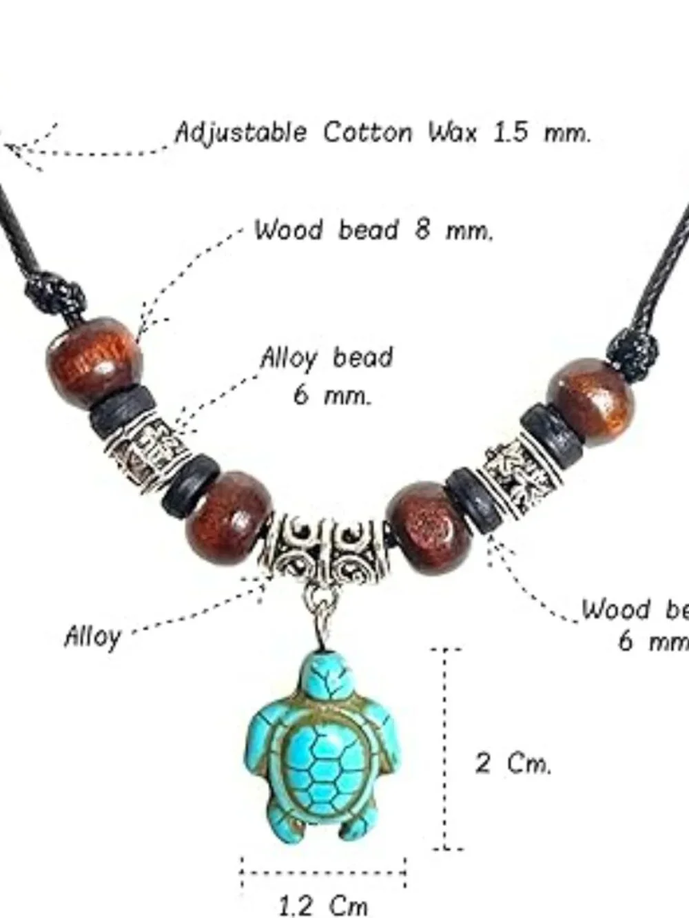New Boho Hawaiian Sea Turtle Necklace Bone Beaded Wood Bead Adjustable Cord - Picture 3 of 3